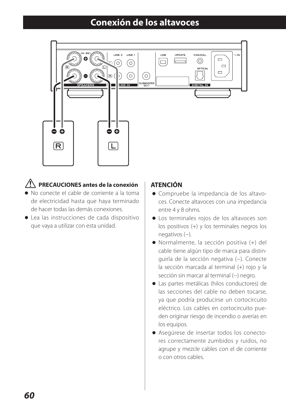 Conexión de los altavoces, 60 conexión de los altavoces v | Teac AI-301DA User Manual | Page 60 / 80