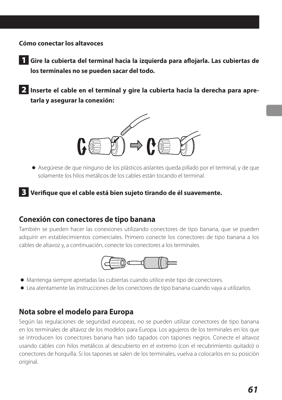 Conexión con conectores de tipo banana, Nota sobre el modelo para europa | Teac AI-301DA User Manual | Page 61 / 80