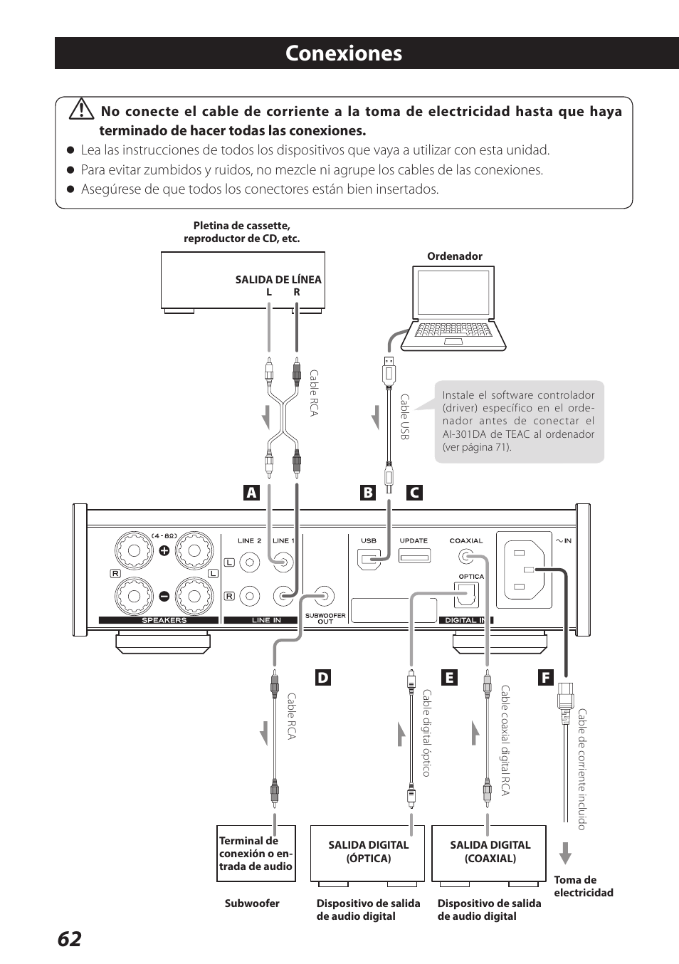 Conexiones, 62 v | Teac AI-301DA User Manual | Page 62 / 80