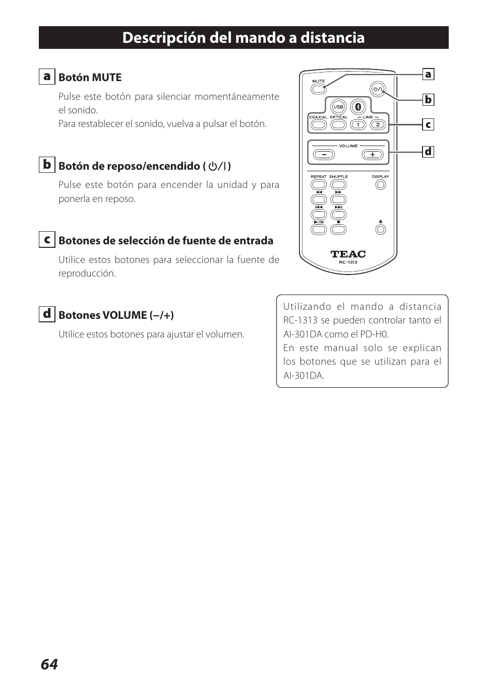 Descripción del mando a distancia | Teac AI-301DA User Manual | Page 64 / 80