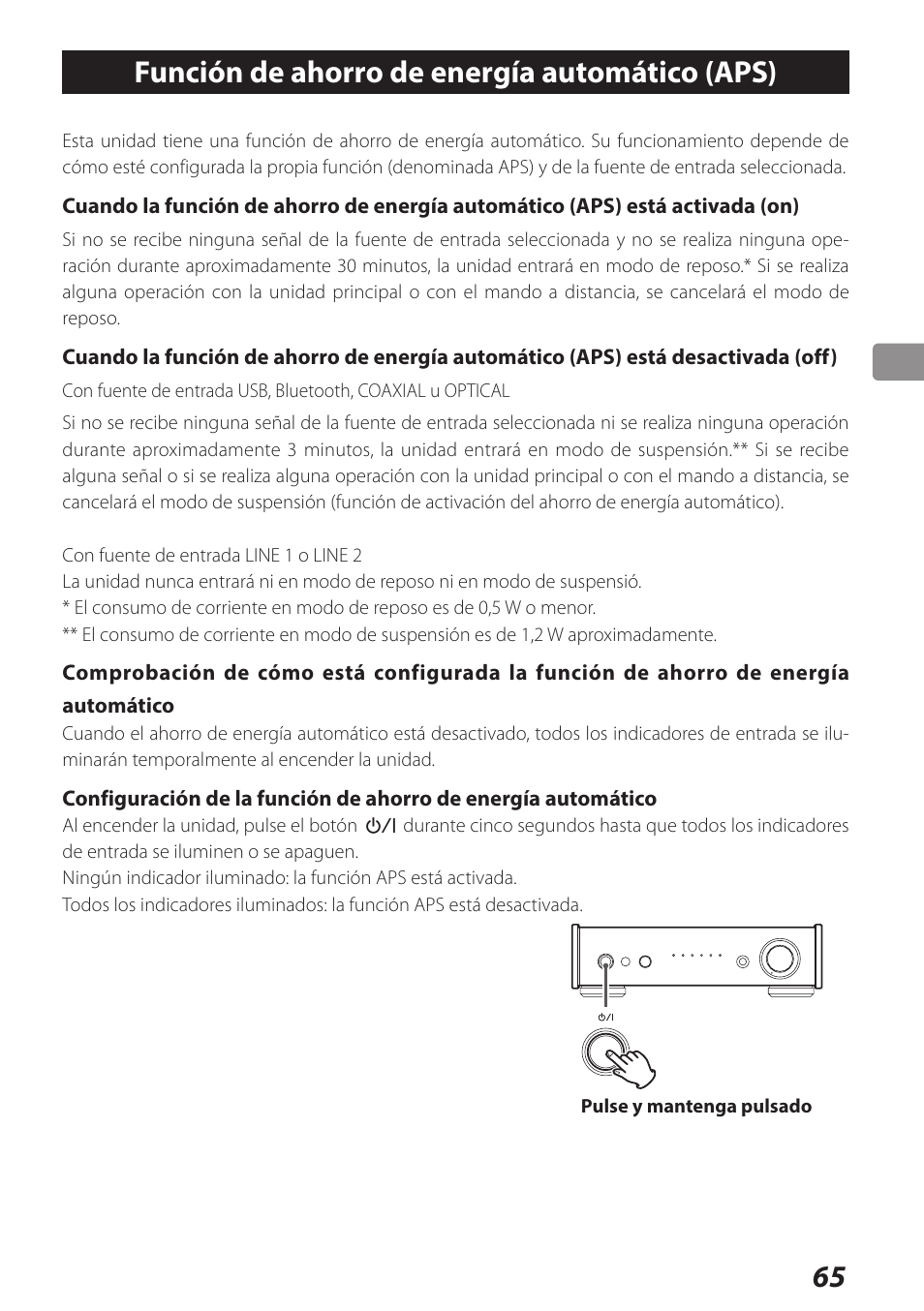 Función de ahorro de energía automático (aps), Función de ahorro de energía, Automático (aps) | 65 función de ahorro de energía automático (aps) | Teac AI-301DA User Manual | Page 65 / 80