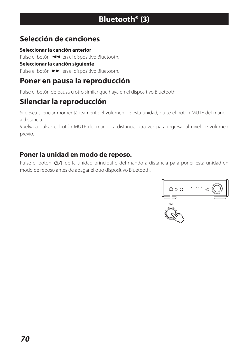 Bluetooth® (3), Selección de canciones, Poner en pausa la reproducción | Silenciar la reproducción | Teac AI-301DA User Manual | Page 70 / 80