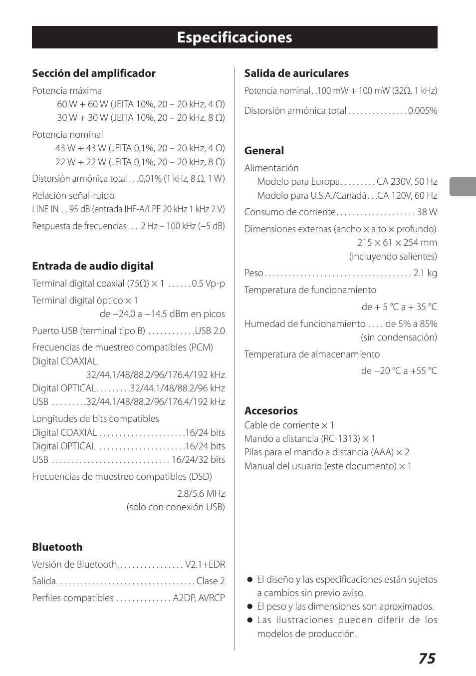 Especificaciones | Teac AI-301DA User Manual | Page 75 / 80