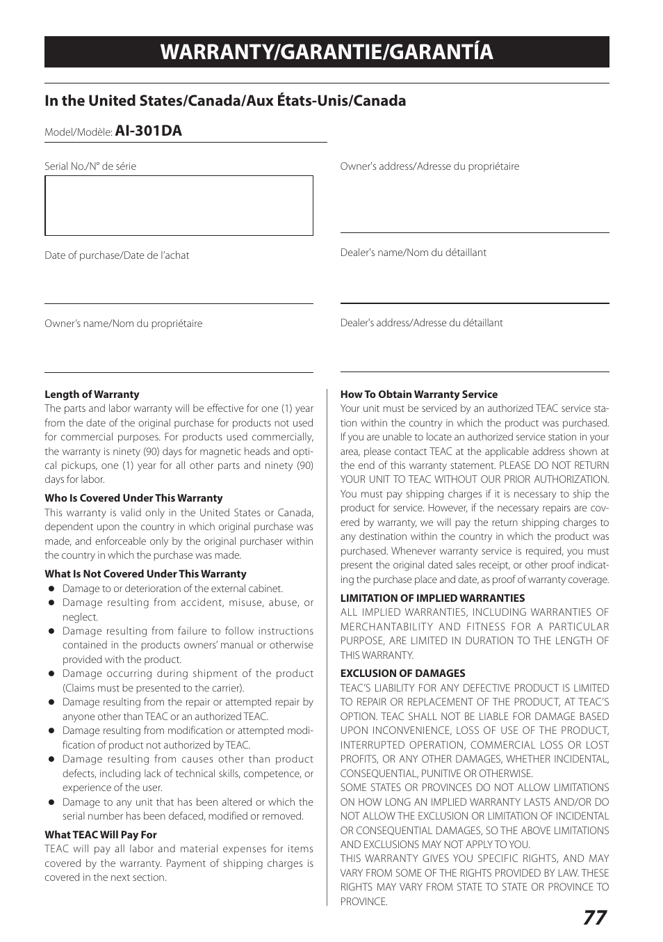 Warranty/garantie/garantía, 77 warranty/garantie/garantía, Ai-301da | Teac AI-301DA User Manual | Page 77 / 80