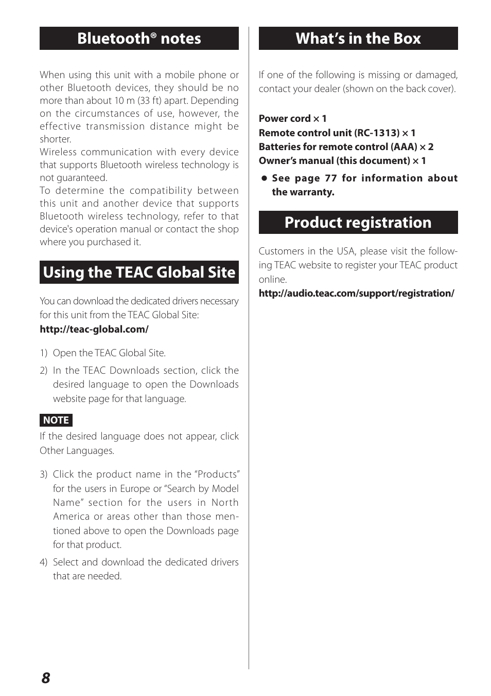 Bluetooth® notes, Using the teac global site, What’s in the box | Product registration | Teac AI-301DA User Manual | Page 8 / 80