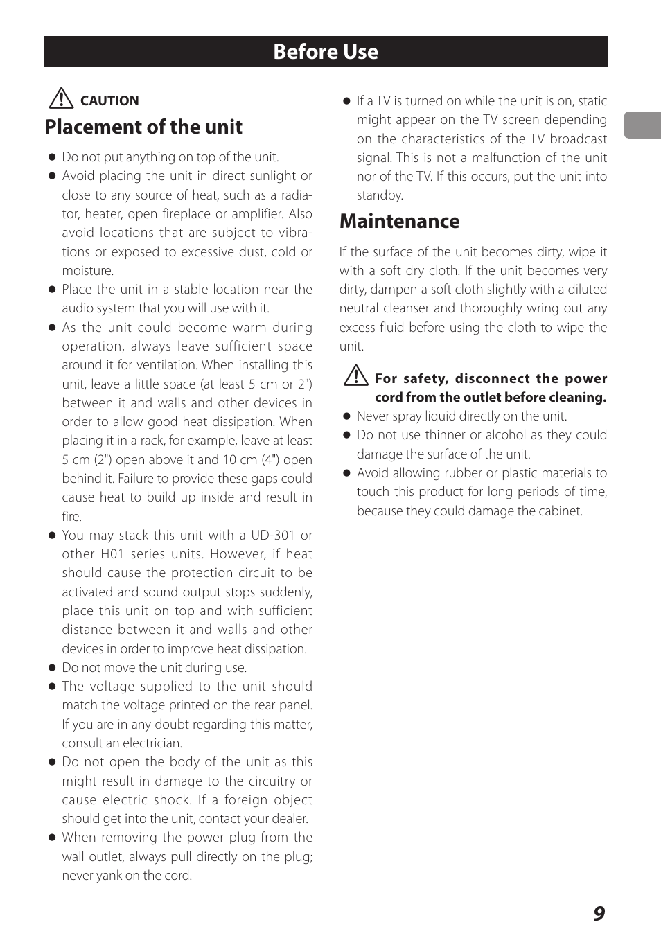 Before use, Placement of the unit, Maintenance | Teac AI-301DA User Manual | Page 9 / 80