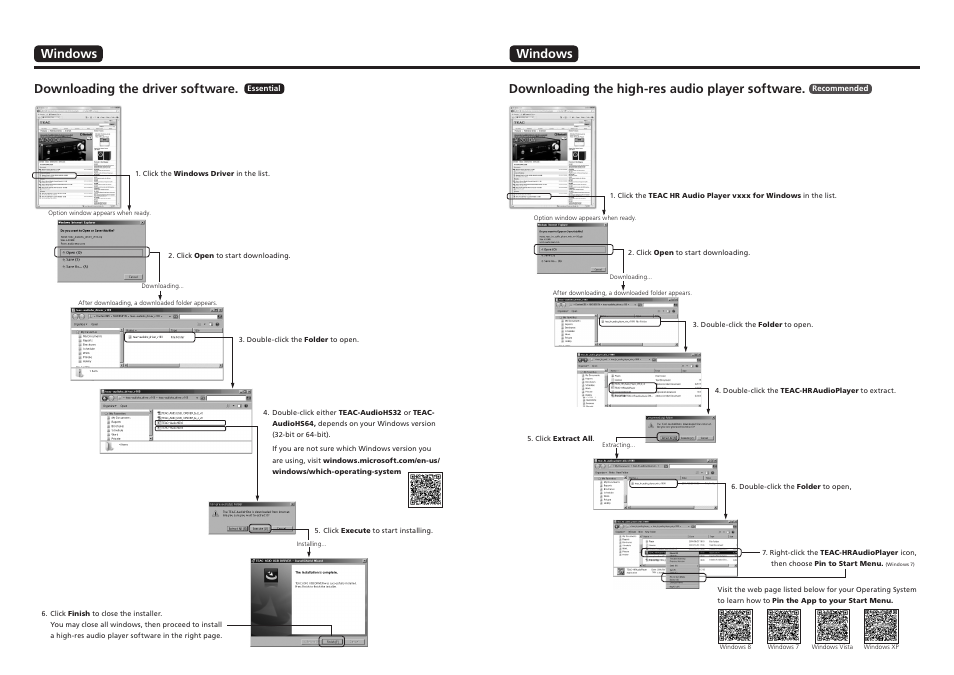 Windows, Windows downloading the driver software, Downloading the high-res audio player software | Teac AI-301DA Quick Start User Manual | Page 2 / 2