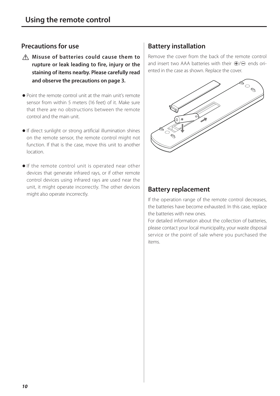 Using the remote control, Precautions for use, Battery installation | Battery replacement | Teac AI-501DA User Manual | Page 10 / 52