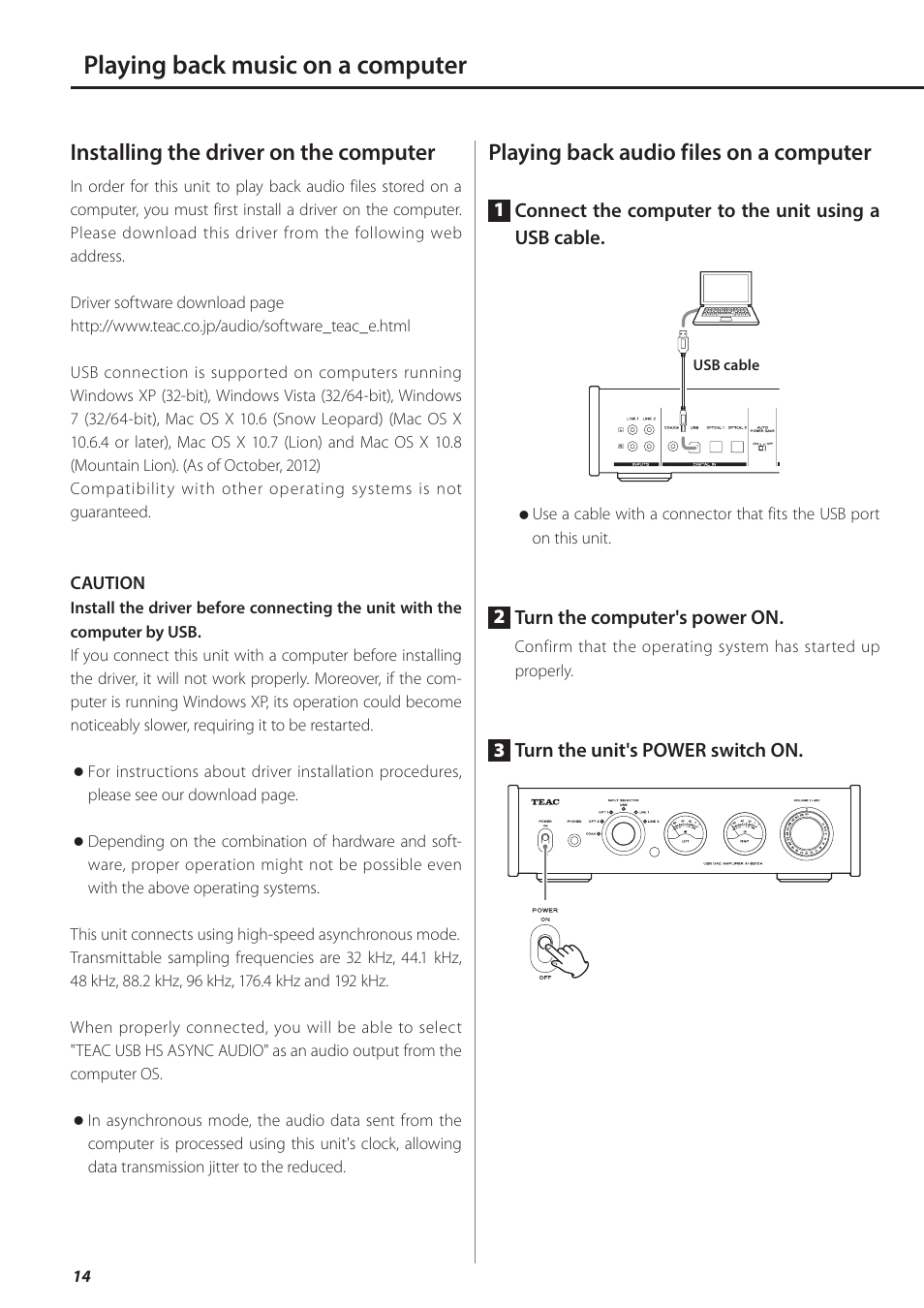 Playing back music on a computer, Installing the driver on the computer, Playing back audio files on a computer | Teac AI-501DA User Manual | Page 14 / 52