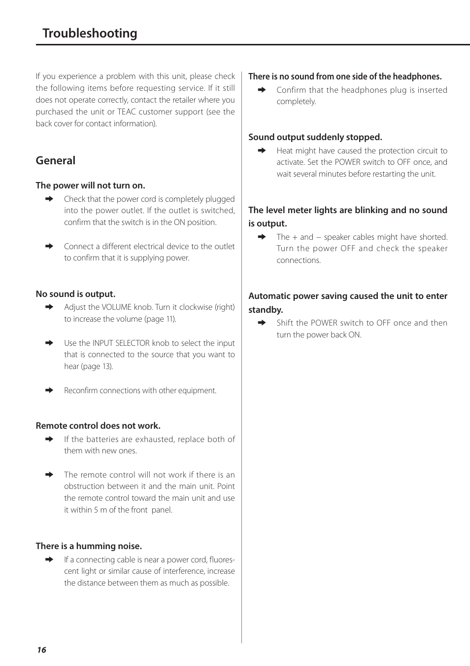 Troubleshooting, General | Teac AI-501DA User Manual | Page 16 / 52