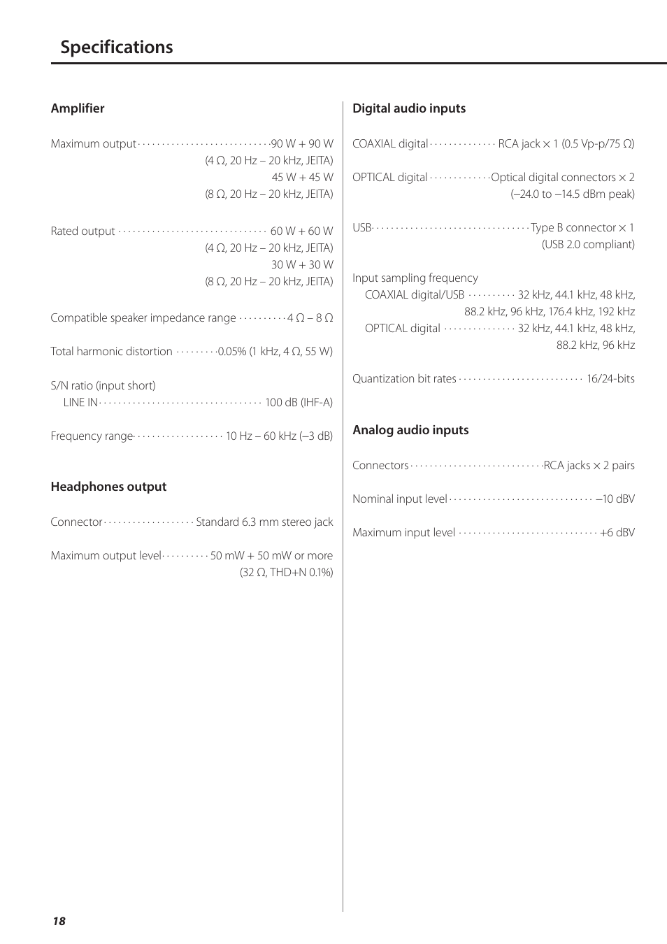 Specifications | Teac AI-501DA User Manual | Page 18 / 52