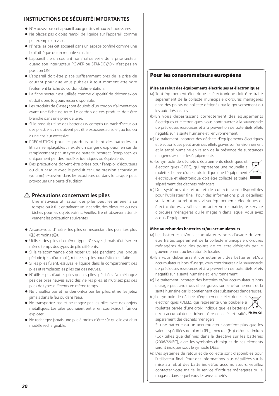 Français, Pour les consommateurs européens, Instructions de sécurité importantes | Q précautions concernant les piles | Teac AI-501DA User Manual | Page 20 / 52