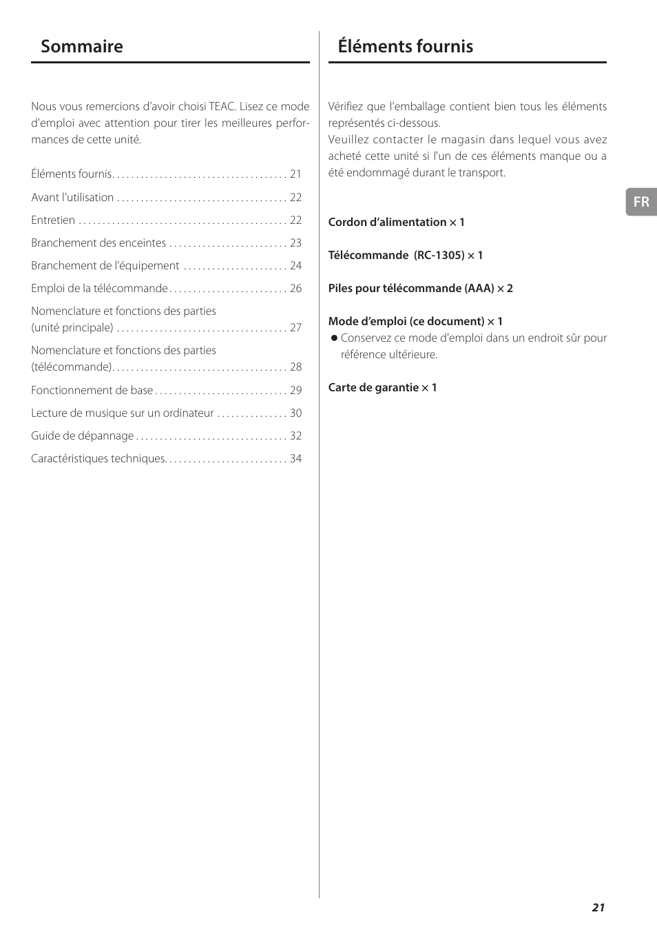 Éléments fournis, Sommaire | Teac AI-501DA User Manual | Page 21 / 52