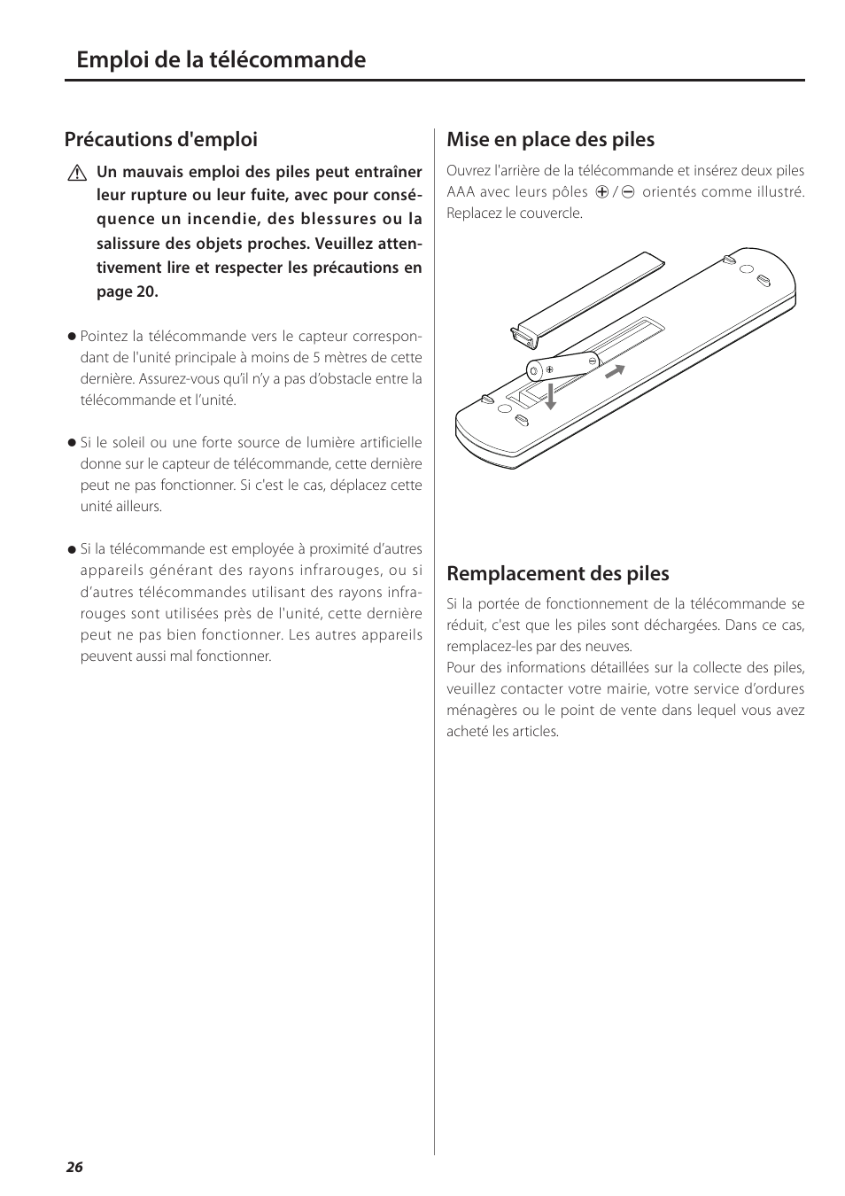 Emploi de la télécommande, Précautions d'emploi, Mise en place des piles | Remplacement des piles | Teac AI-501DA User Manual | Page 26 / 52