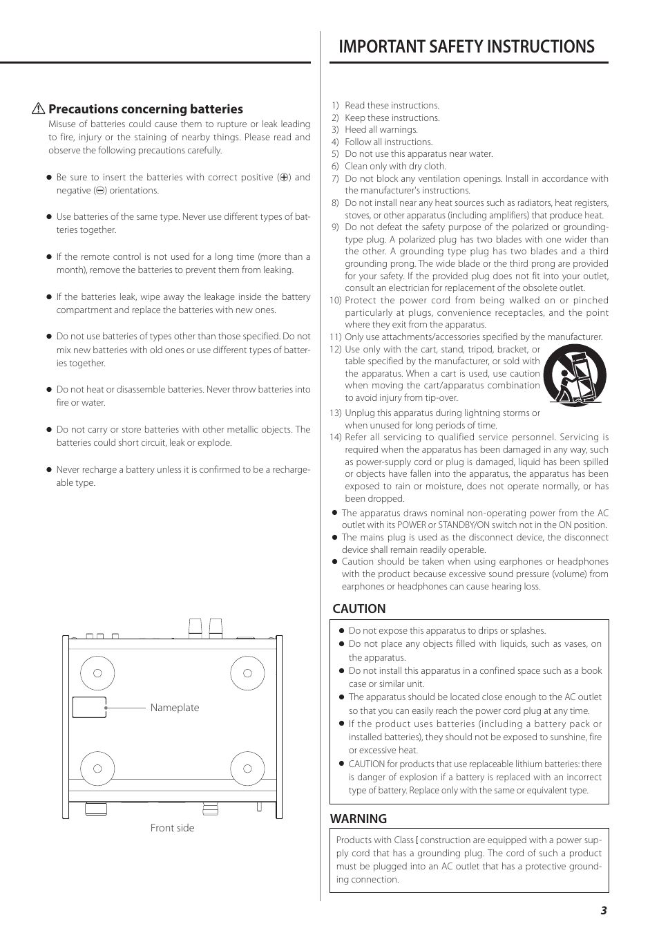 Important safety instructions, Caution warning q precautions concerning batteries | Teac AI-501DA User Manual | Page 3 / 52