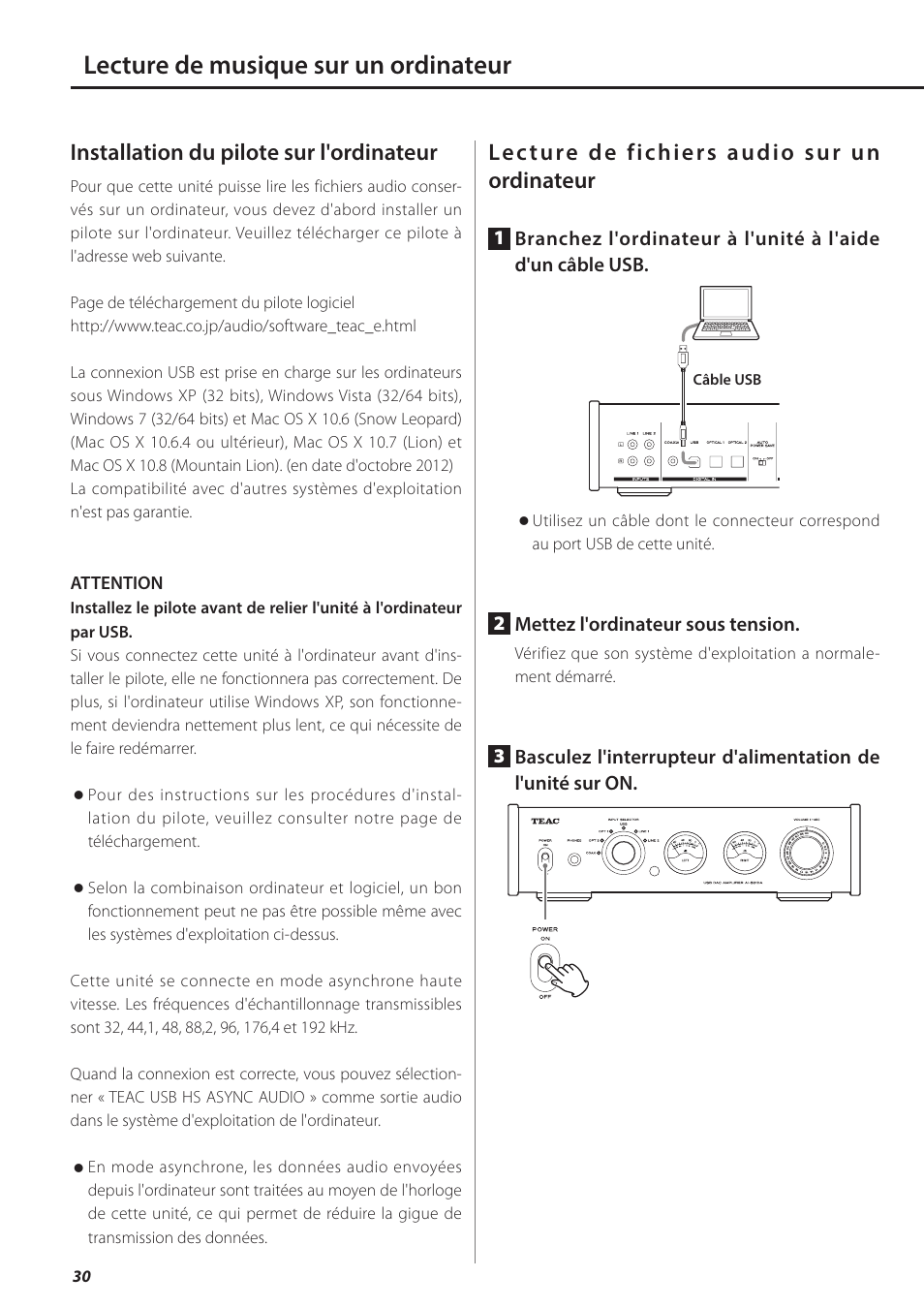 Lecture de musique sur un ordinateur, Installation du pilote sur l'ordinateur, Lecture de fichiers audio sur un ordinateur | Teac AI-501DA User Manual | Page 30 / 52