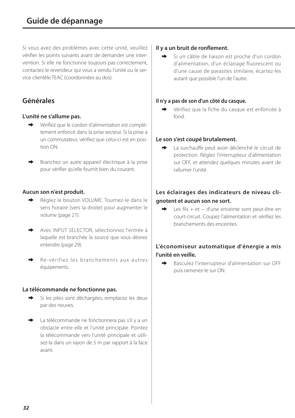 Guide de dépannage, Générales | Teac AI-501DA User Manual | Page 32 / 52