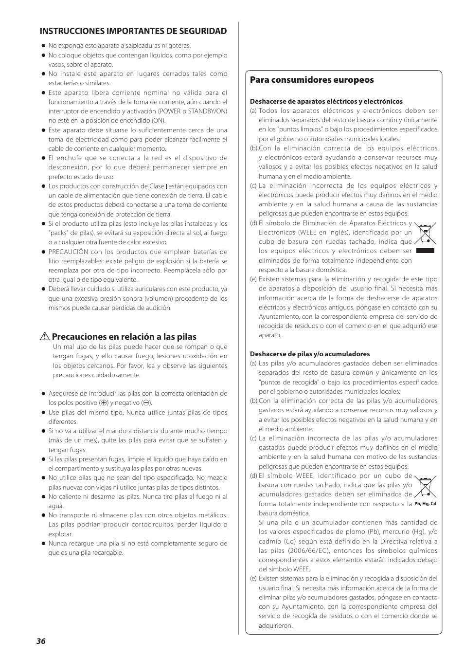 Español, Para consumidores europeos, Instrucciones importantes de seguridad | Q precauciones en relación a las pilas | Teac AI-501DA User Manual | Page 36 / 52