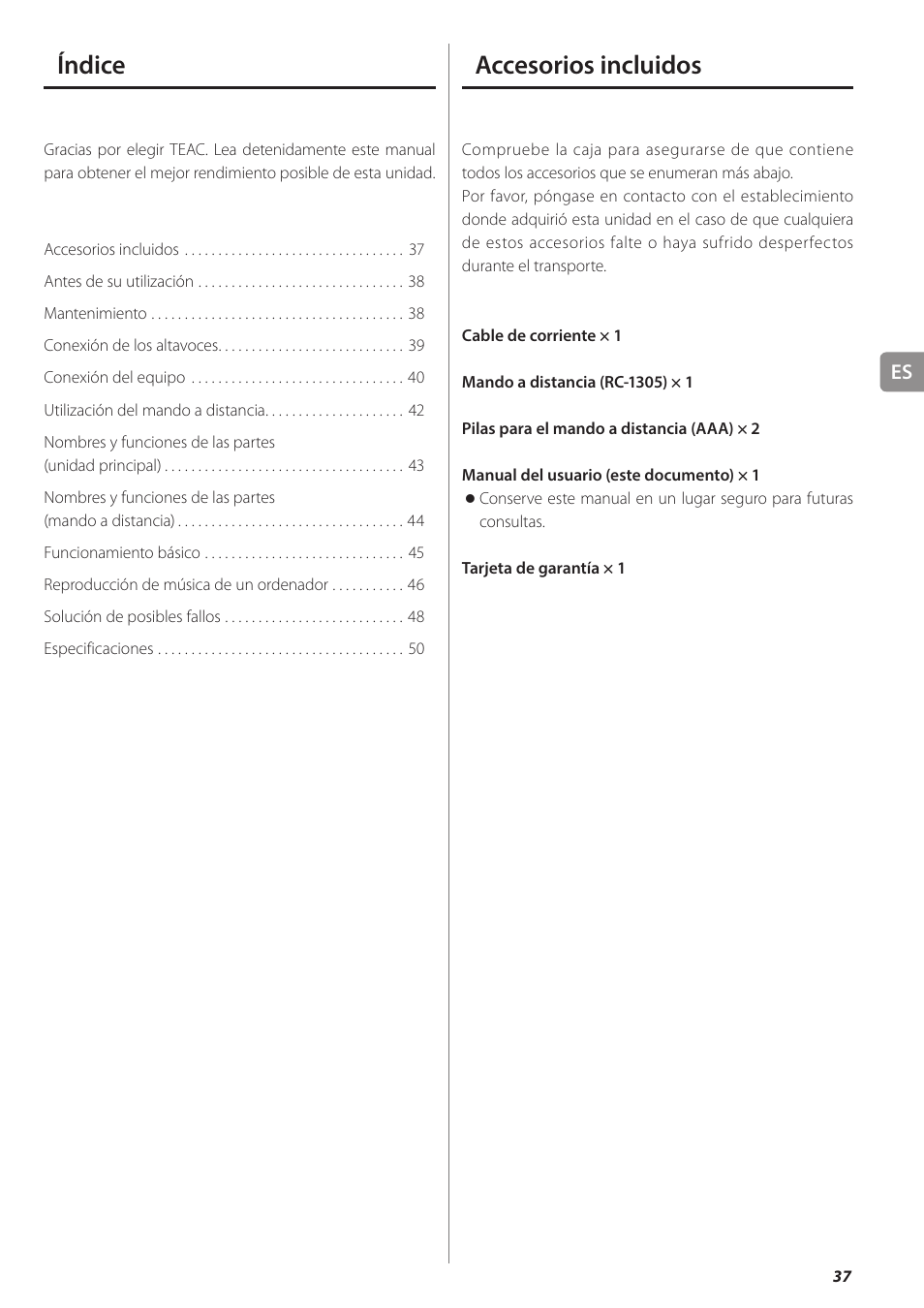 Accesorios incluidos, Índice | Teac AI-501DA User Manual | Page 37 / 52