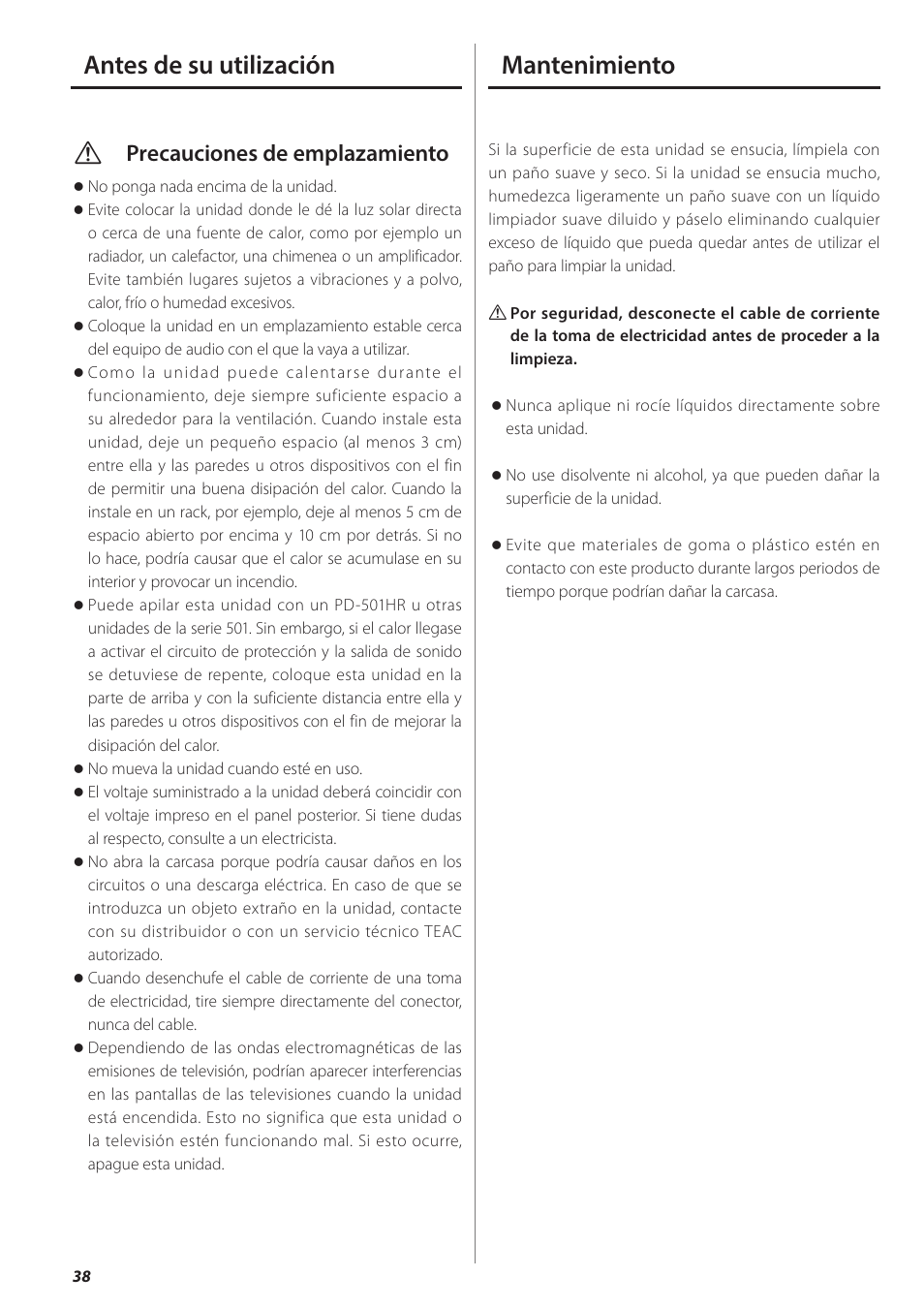 Antes de su utilización, Mantenimiento, Antes de su utilización mantenimiento | Vprecauciones de emplazamiento | Teac AI-501DA User Manual | Page 38 / 52