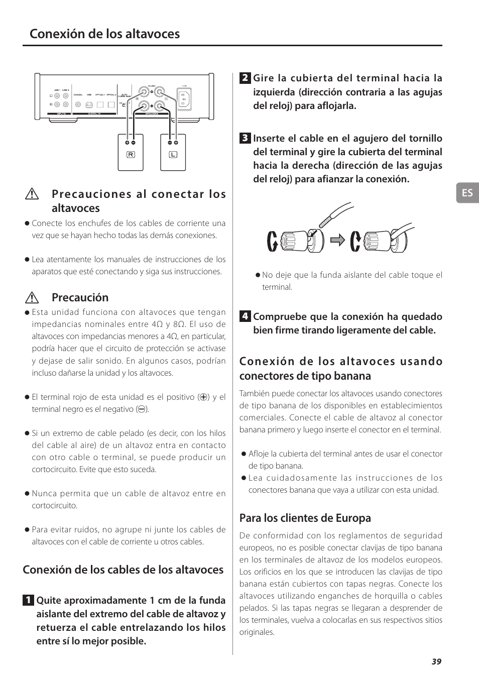 Conexión de los altavoces, Vprecauciones al conectar los altavoces, Vprecaución | Conexión de los cables de los altavoces, Para los clientes de europa | Teac AI-501DA User Manual | Page 39 / 52