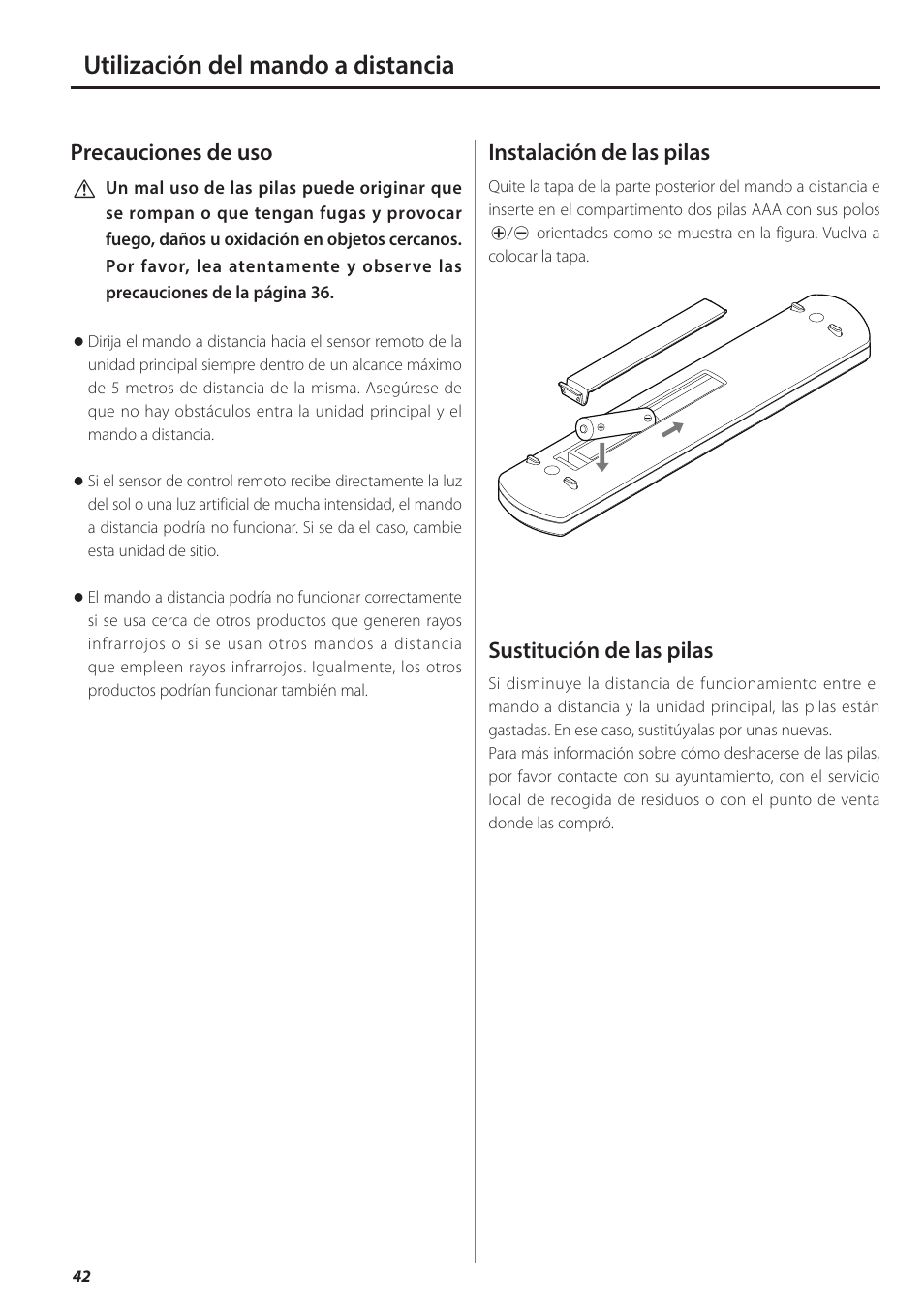 Utilización del mando a distancia, Precauciones de uso, Instalación de las pilas | Sustitución de las pilas | Teac AI-501DA User Manual | Page 42 / 52