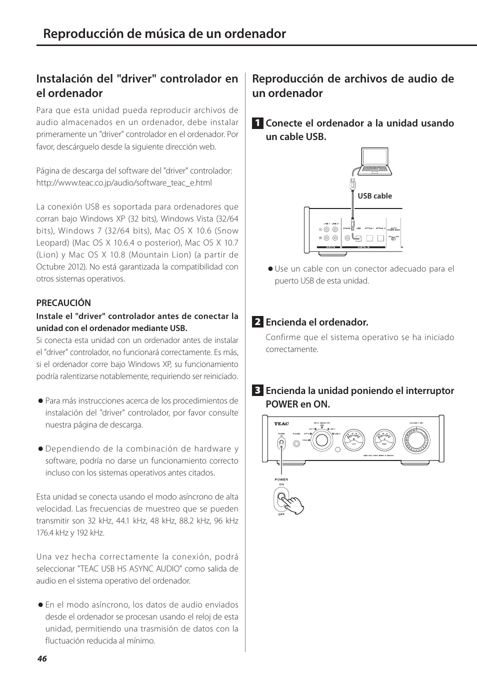 Reproducción de música de un ordenador, Reproducción de archivos de audio de un ordenador | Teac AI-501DA User Manual | Page 46 / 52