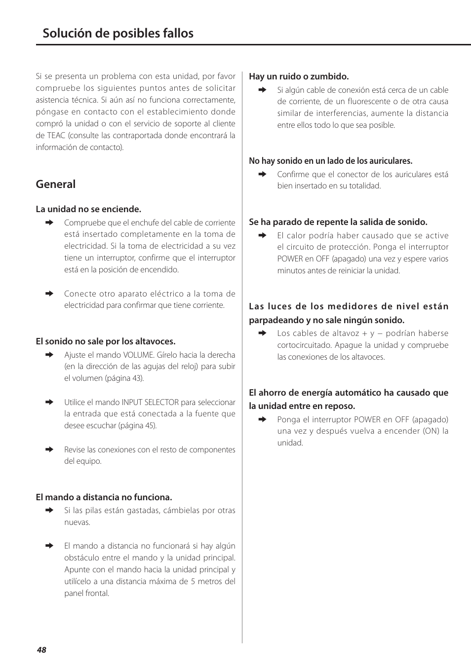 Solución de posibles fallos, General | Teac AI-501DA User Manual | Page 48 / 52