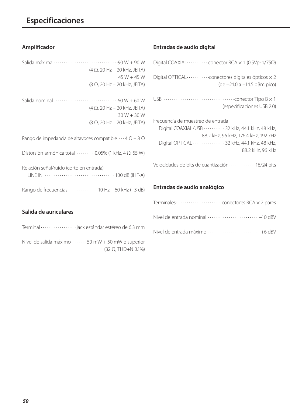 Especificaciones | Teac AI-501DA User Manual | Page 50 / 52