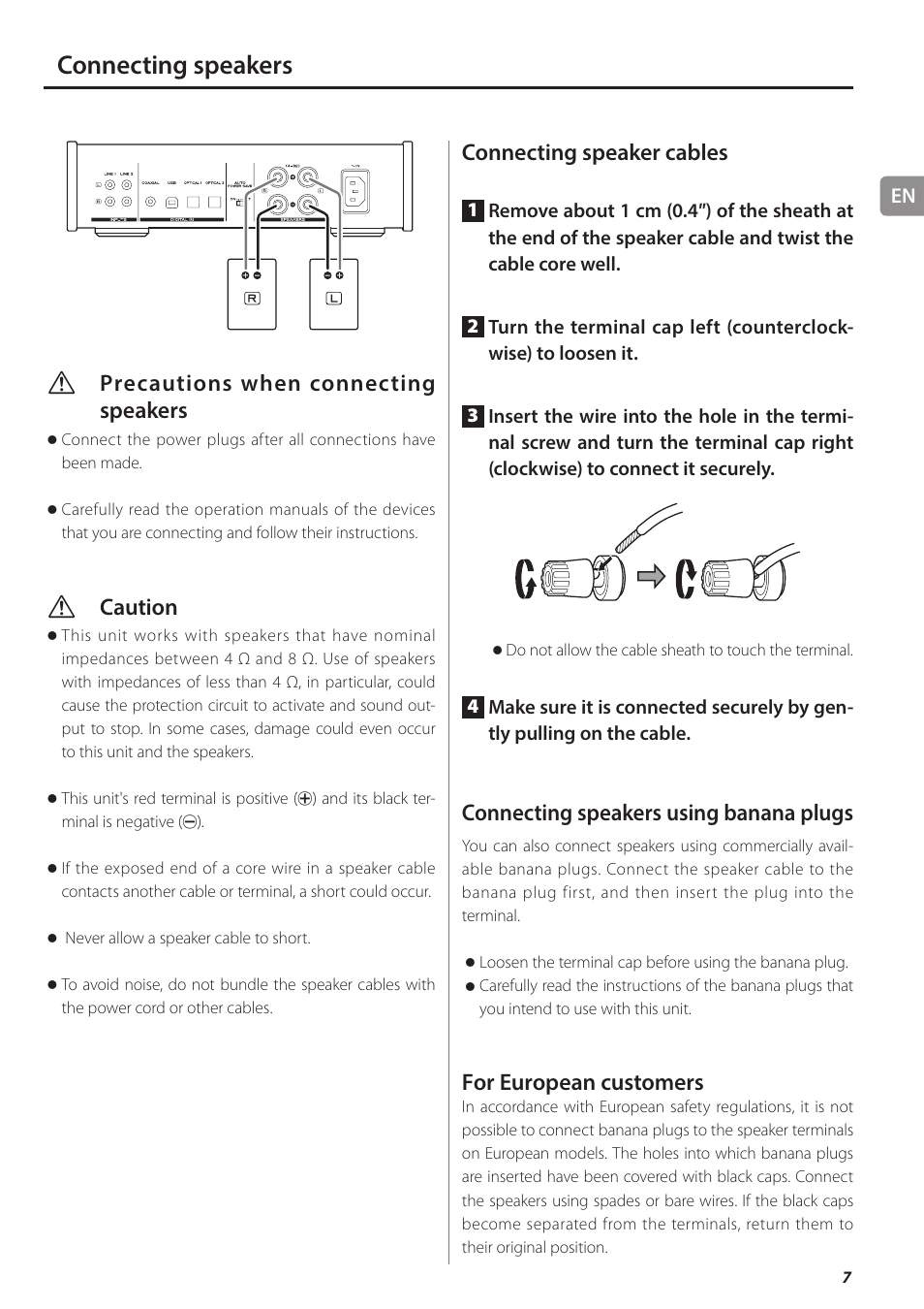Connecting speakers, Vprecautions when connecting speakers, Vcaution | Connecting speaker cables, Connecting speakers using banana plugs, For european customers | Teac AI-501DA User Manual | Page 7 / 52