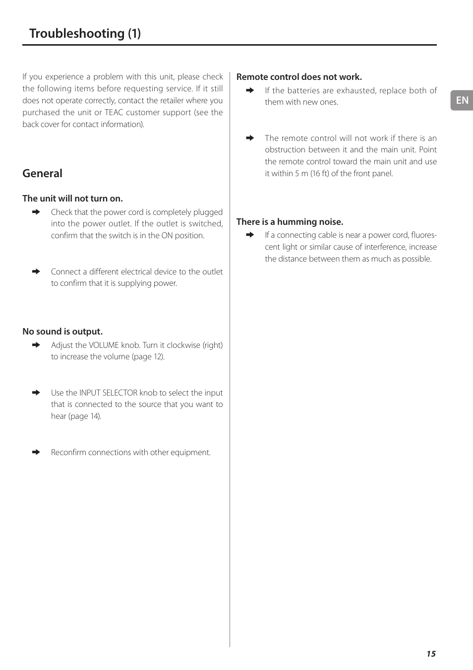 Troubleshooting, Troubleshooting (1), General | Teac AX-501 User Manual | Page 15 / 48