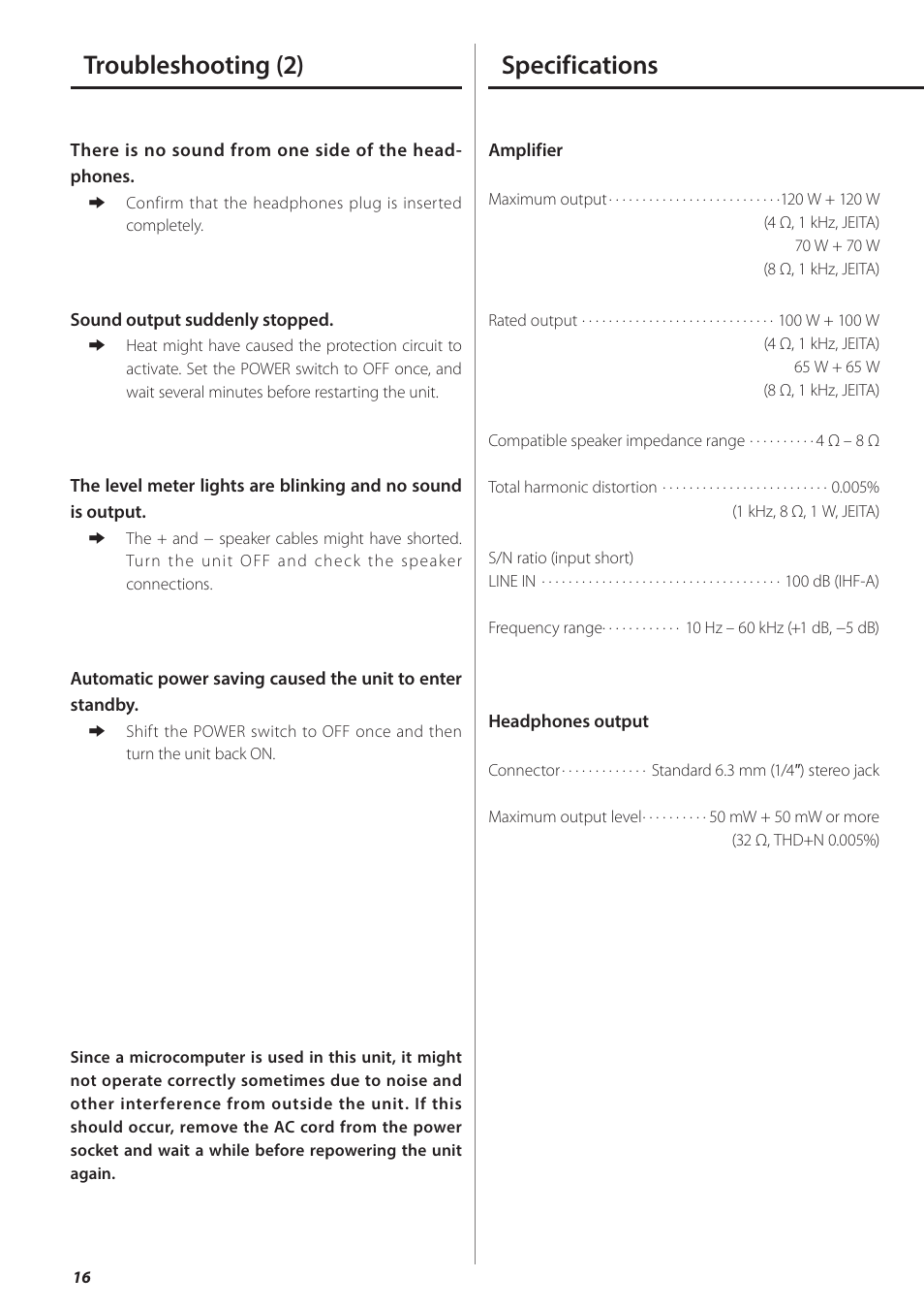 Specifications, Troubleshooting (2) | Teac AX-501 User Manual | Page 16 / 48