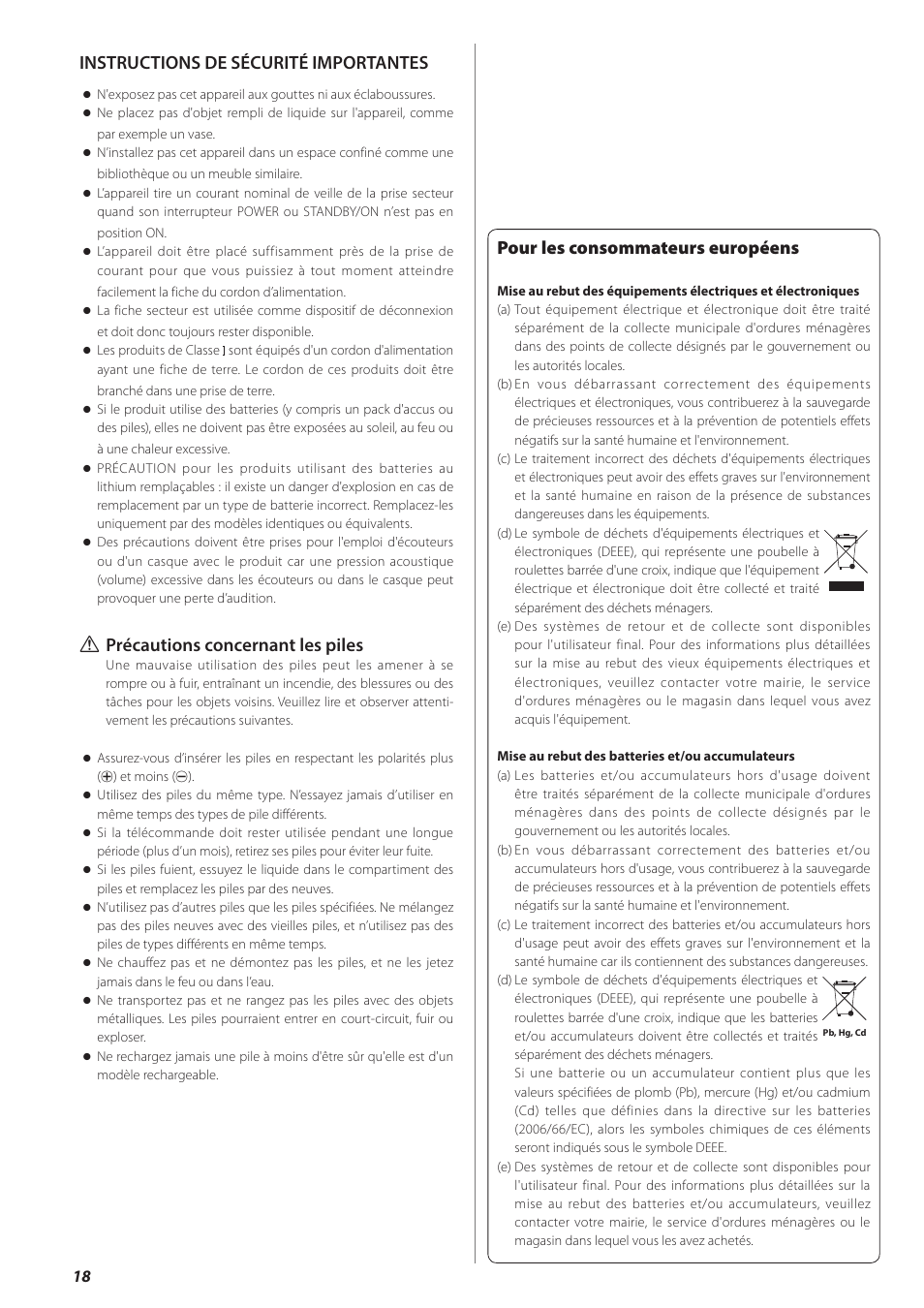 Français, Pour les consommateurs européens, Instructions de sécurité importantes | Q précautions concernant les piles | Teac AX-501 User Manual | Page 18 / 48