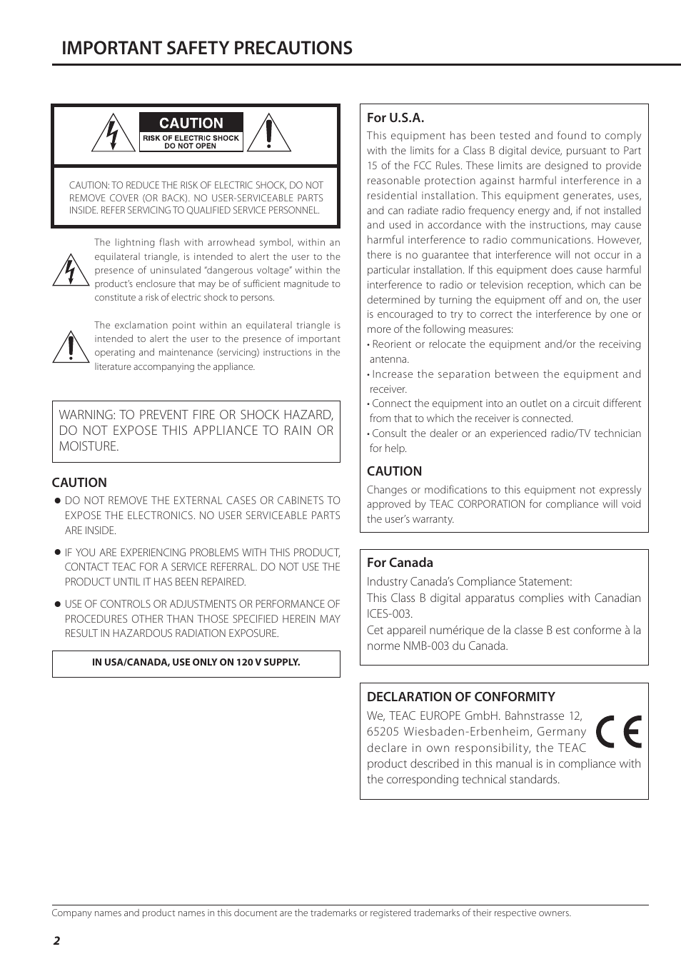 Important safety precautions | Teac AX-501 User Manual | Page 2 / 48