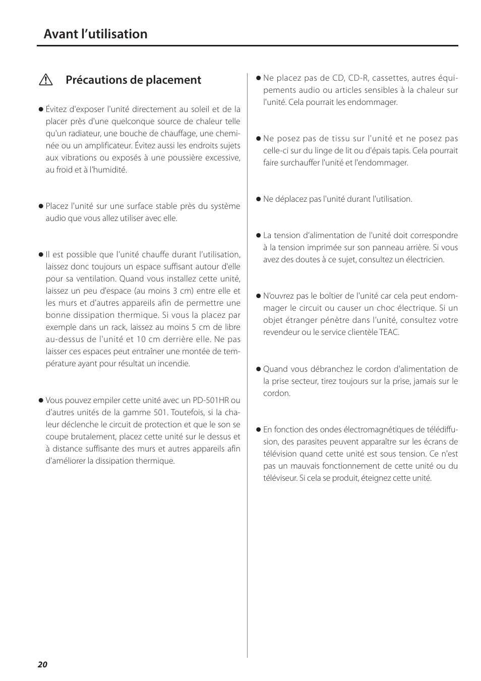 Avant l’utilisation, Vprécautions de placement | Teac AX-501 User Manual | Page 20 / 48