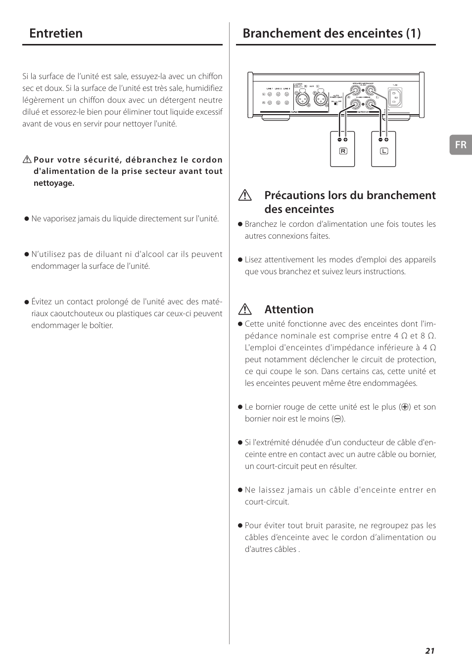 Entretien, Branchement des enceintes, Branchement des enceintes (1) | Vprécautions lors du branchement des enceintes, Vattention | Teac AX-501 User Manual | Page 21 / 48