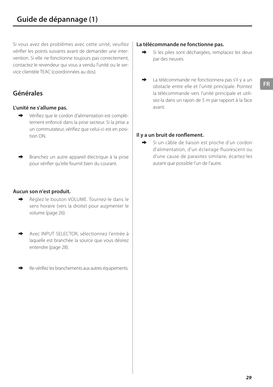 Guide de dépannage, Guide de dépannage (1), Générales | Teac AX-501 User Manual | Page 29 / 48