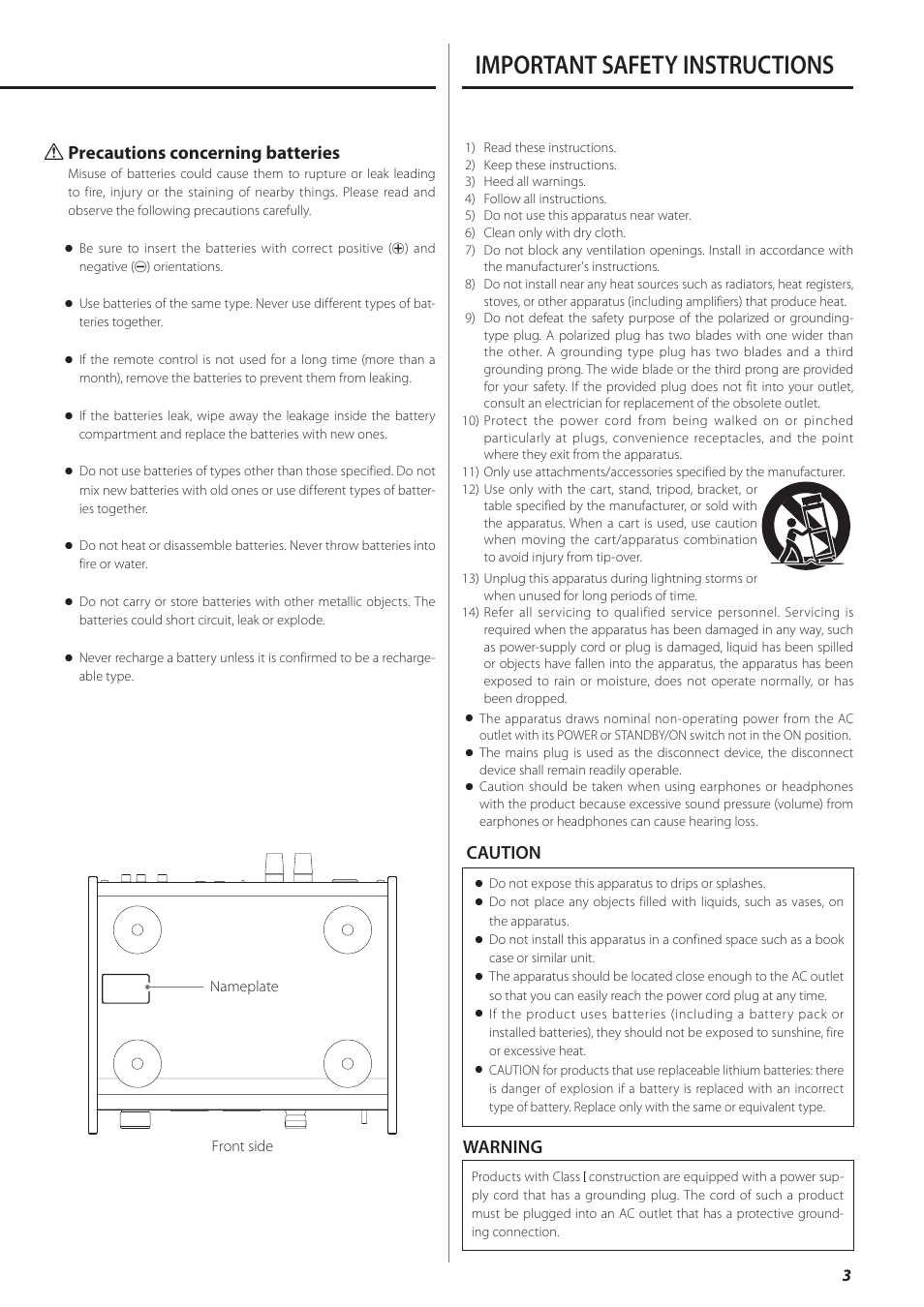 Important safety instructions, Caution warning q precautions concerning batteries | Teac AX-501 User Manual | Page 3 / 48