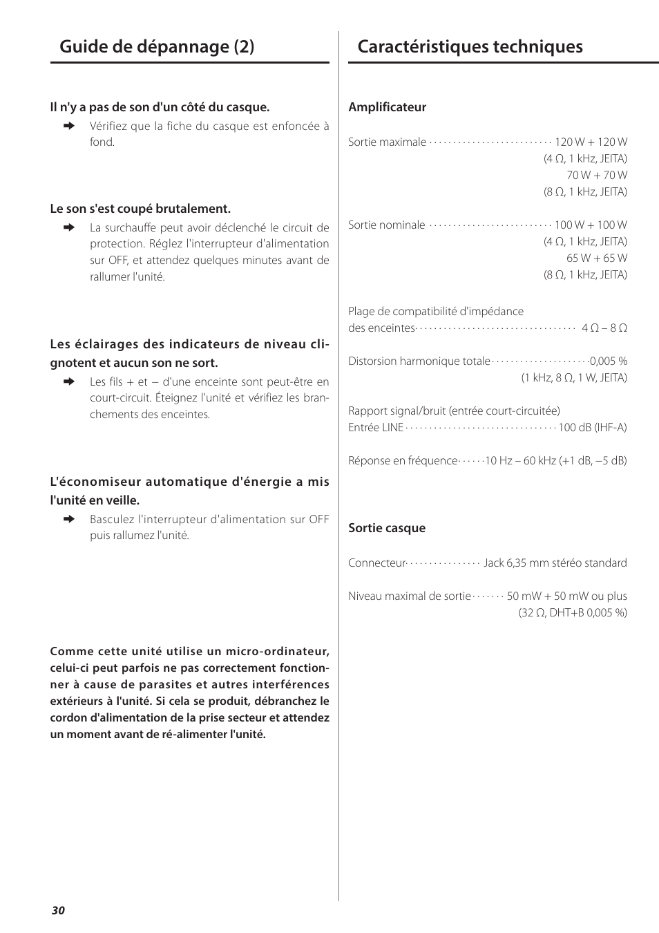 Caractéristiques techniques, Guide de dépannage (2) | Teac AX-501 User Manual | Page 30 / 48