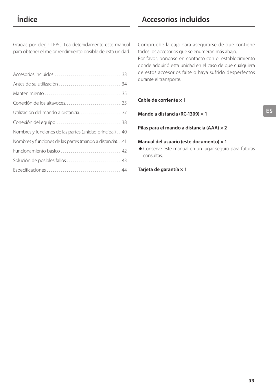 Accesorios incluidos, Índice | Teac AX-501 User Manual | Page 33 / 48