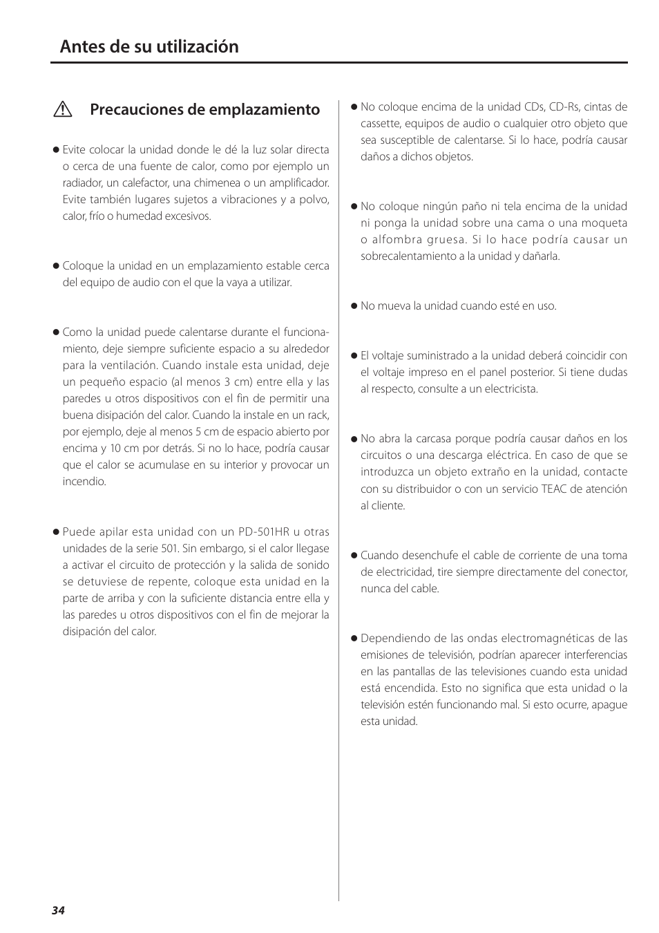 Antes de su utilización, Vprecauciones de emplazamiento | Teac AX-501 User Manual | Page 34 / 48