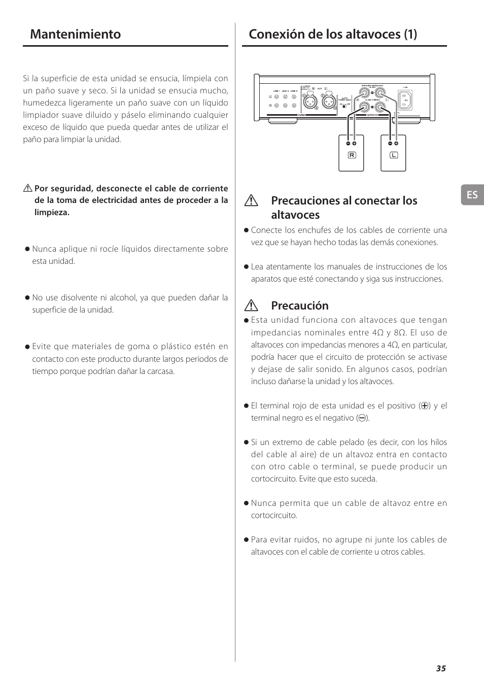 Mantenimiento, Conexión de los altavoces, Conexión de los altavoces (1) | Vprecauciones al conectar los altavoces, Vprecaución | Teac AX-501 User Manual | Page 35 / 48