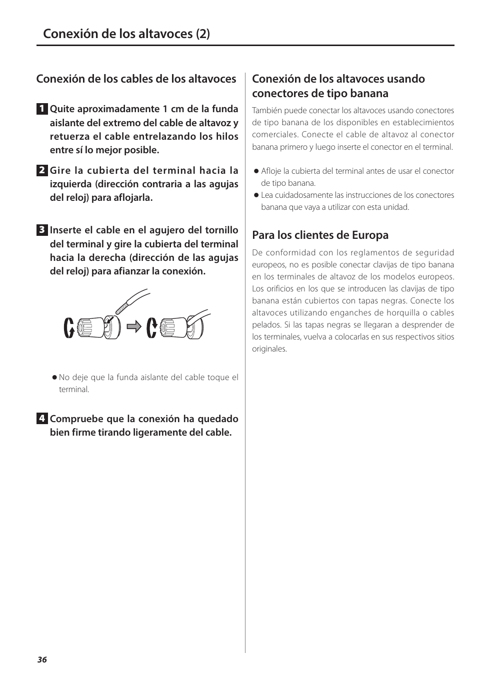 Conexión de los altavoces (2), Conexión de los cables de los altavoces, Para los clientes de europa | Teac AX-501 User Manual | Page 36 / 48