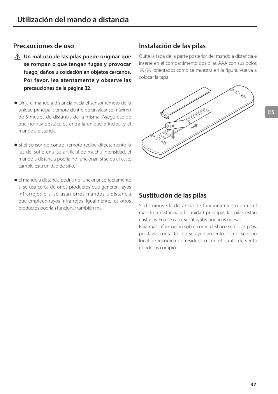 Utilización del mando a distancia, Precauciones de uso, Instalación de las pilas | Sustitución de las pilas | Teac AX-501 User Manual | Page 37 / 48