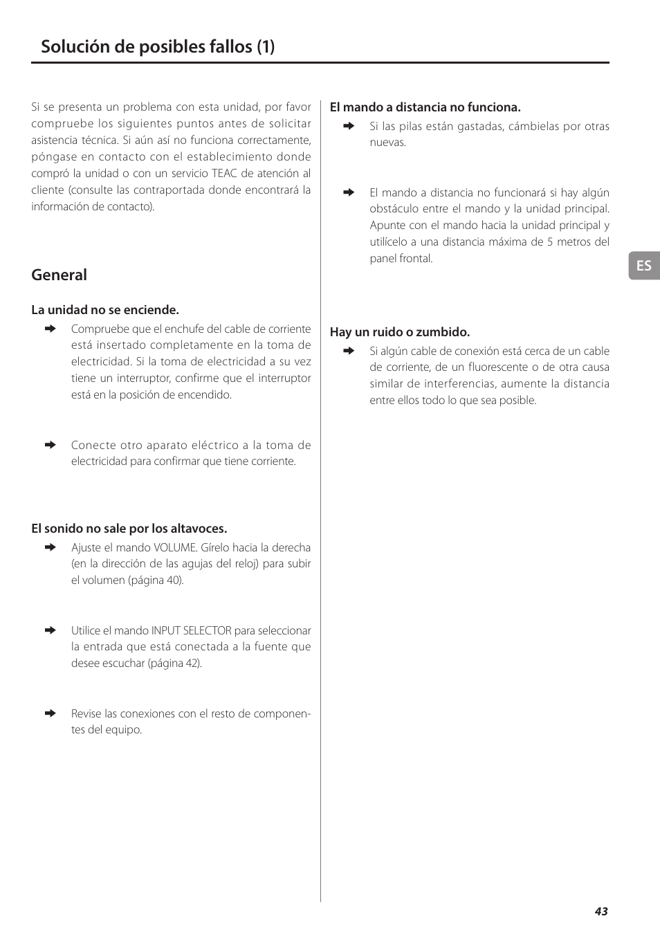 Solución de posibles fallos, Solución de posibles fallos (1), General | Teac AX-501 User Manual | Page 43 / 48