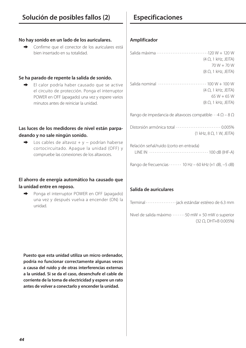 Especificaciones, Solución de posibles fallos (2) | Teac AX-501 User Manual | Page 44 / 48