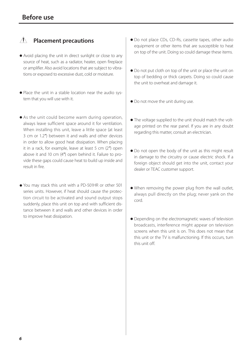 Before use, B placement precautions | Teac AX-501 User Manual | Page 6 / 48