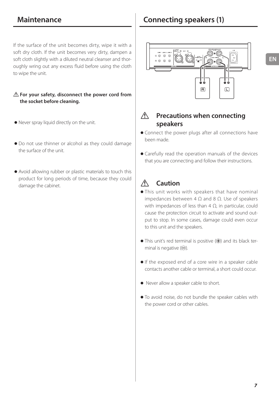 Maintenance, Connecting speakers, Connecting speakers (1) | Vprecautions when connecting speakers, Vcaution | Teac AX-501 User Manual | Page 7 / 48