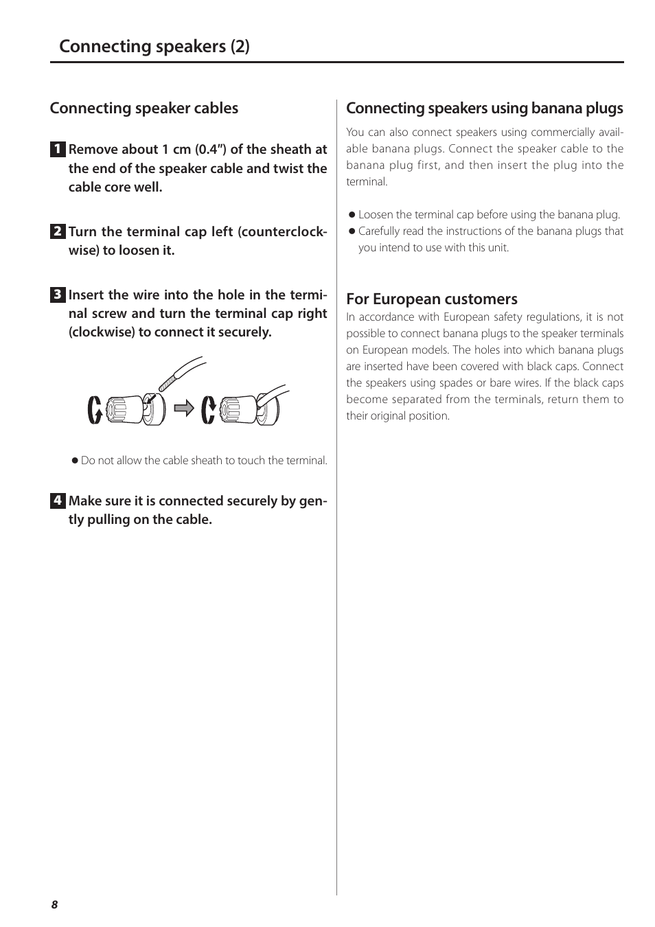 Connecting speakers (2), Connecting speaker cables, Connecting speakers using banana plugs | For european customers | Teac AX-501 User Manual | Page 8 / 48