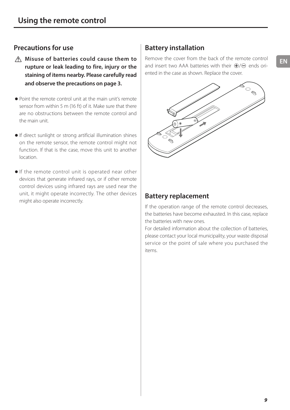 Using the remote control, Precautions for use, Battery installation | Battery replacement | Teac AX-501 User Manual | Page 9 / 48